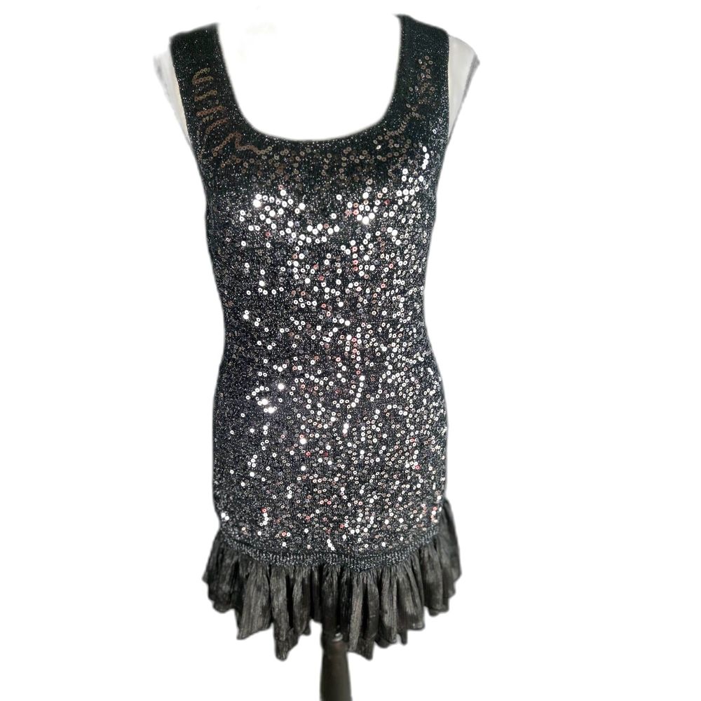 twenty one mini cocktail party dress black silver sequins ruffle bottom  Med